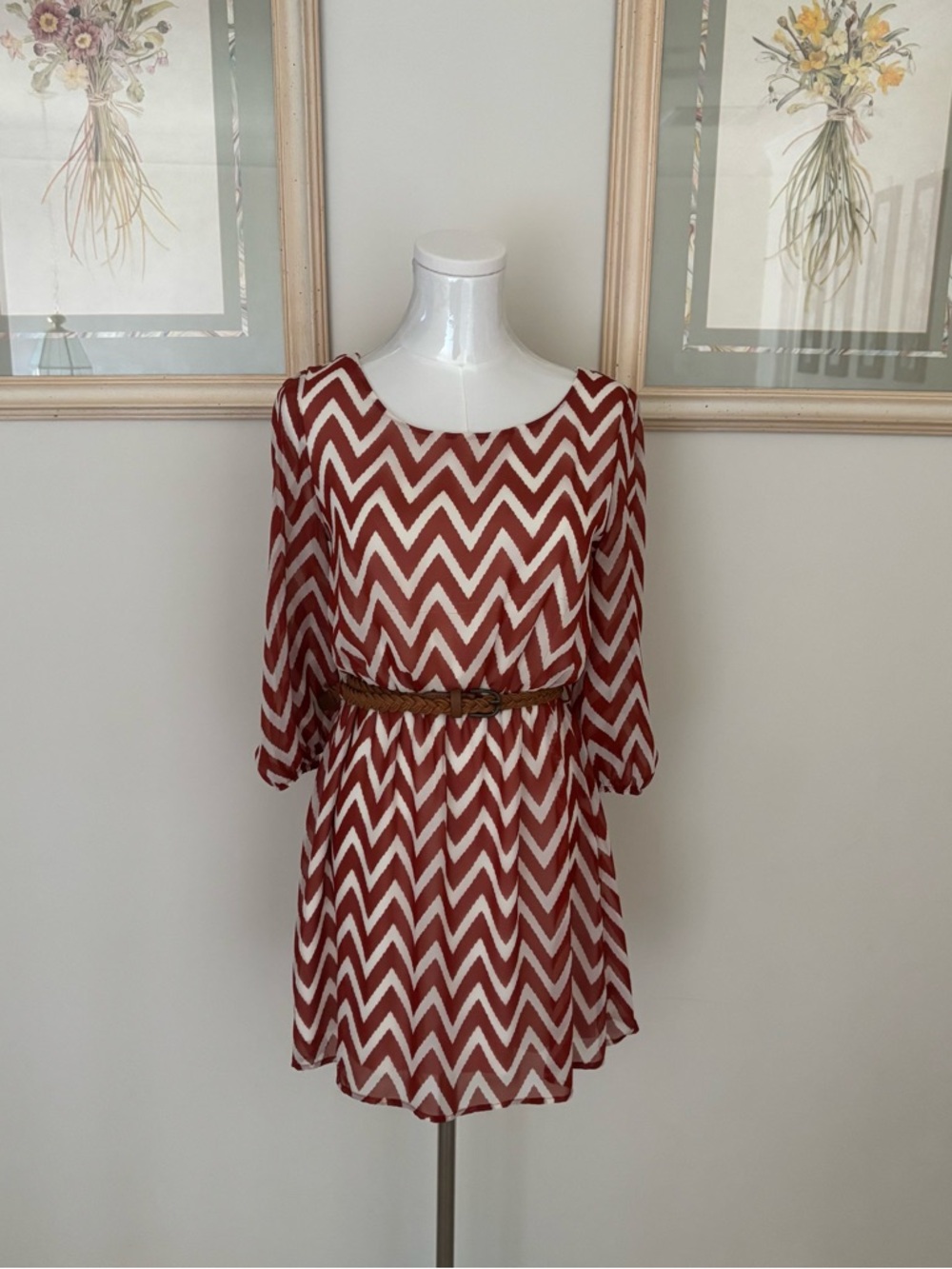 Chevron Print Long Sleeve Dress with Braided Belt